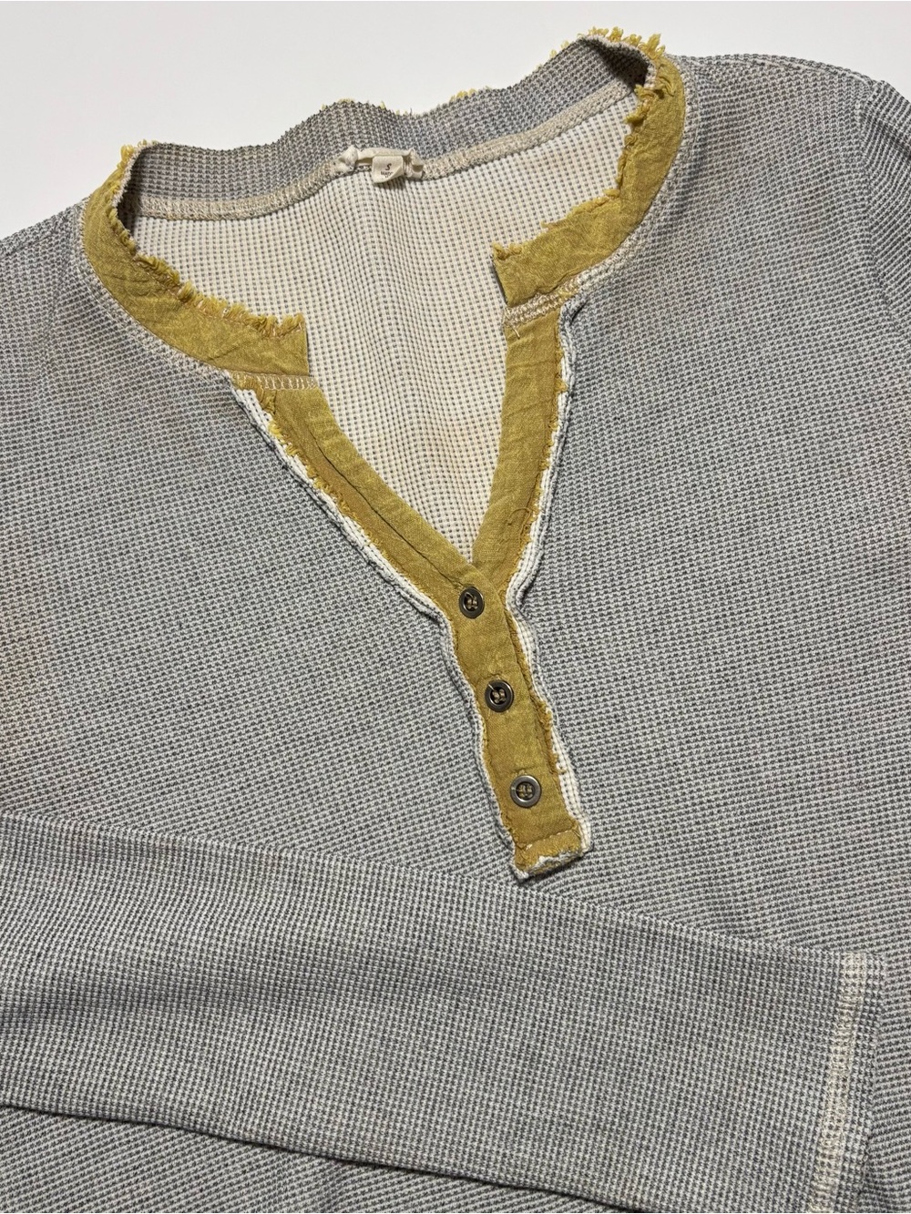 Hem & Thread Grey & Yellow Thermal Waffle Knit Cotton Henley Long Sleeve Top